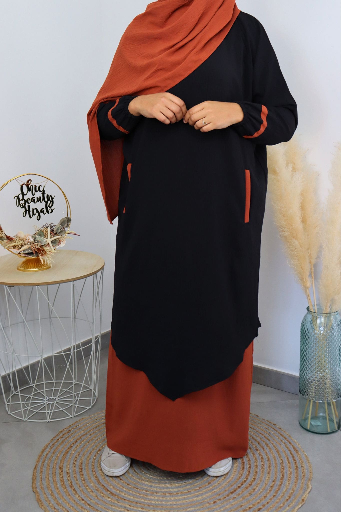 Abaya 3 pièces Myriam noire orange – Image 2