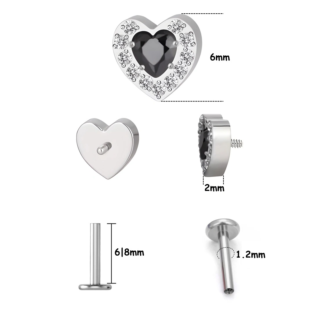Piercing Labret Titane avec Cœur Noir & Éclats de Zircon – Image 4