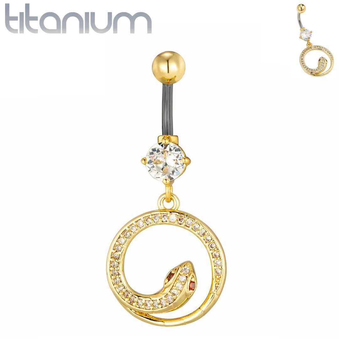 Piercing Nombril Serpent Doré en Cercle et Zircons Rouges