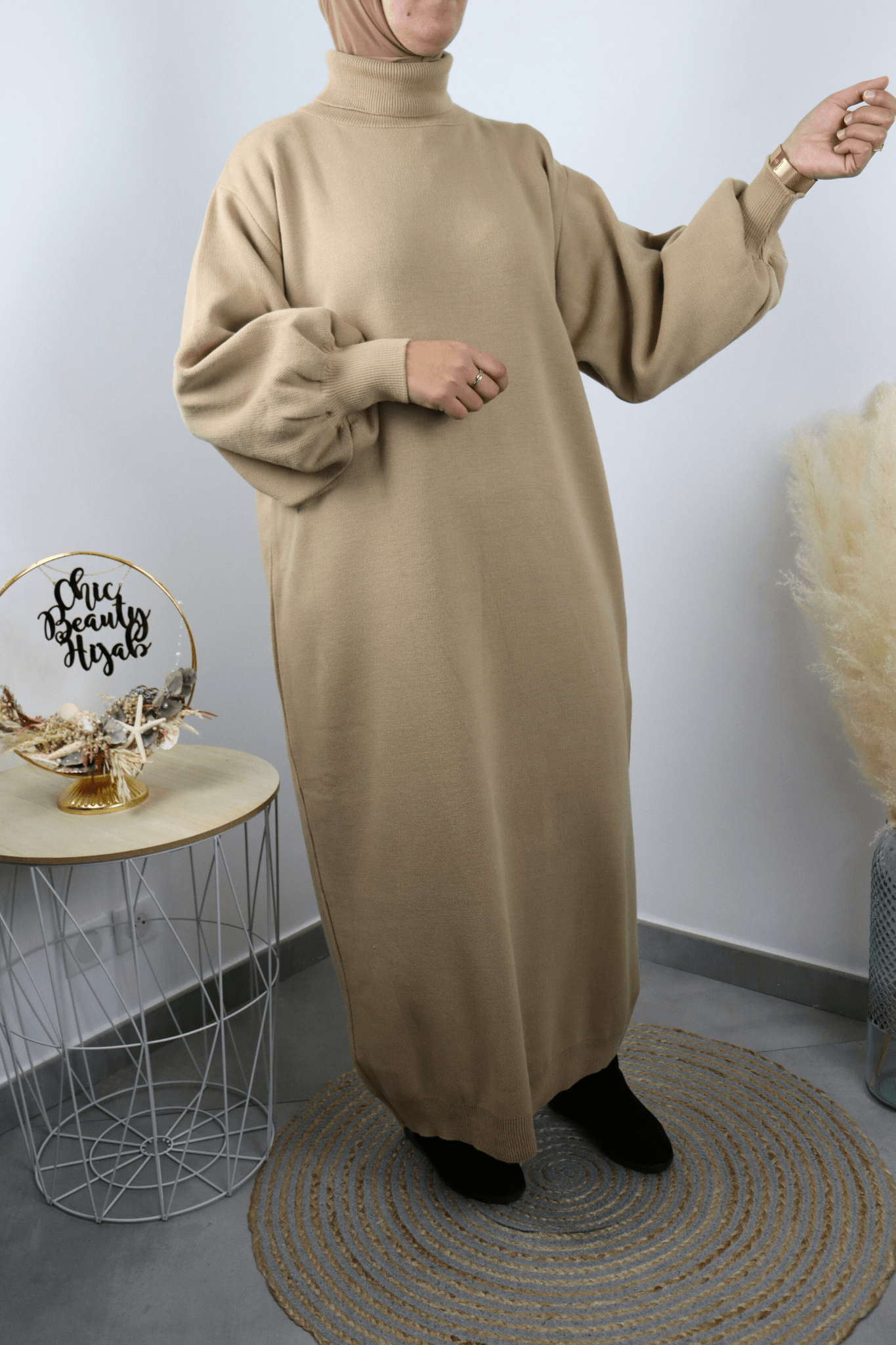 Robe maille manches bouffantes camel – Image 3
